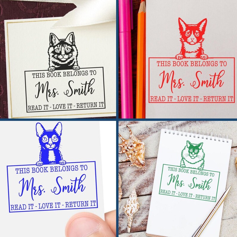 Custom stamps featuring a cat design for book lovers. Perfect as a stamp for books, this book return stamp serves as a custom bookplate stamp, ensuring your books are returned. Ideal for personalizing your library collection.