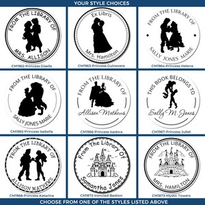 Custom storybook stamp gifts for her, perfect for princess lovers. Personalized gifts for her with enchanting designs like Princess Giselle and Mystic Towers. Ideal for adding a royal touch to any book collection.