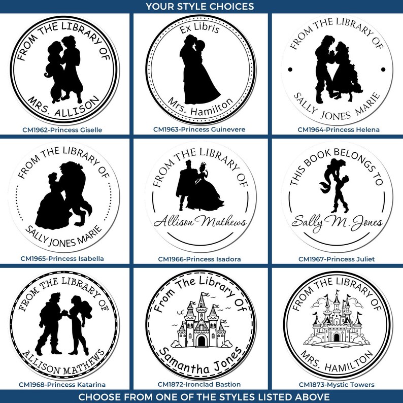 Custom storybook stamp gifts for her, perfect for princess lovers. Personalized gifts for her with enchanting designs like Princess Giselle and Mystic Towers. Ideal for adding a royal touch to any book collection.
