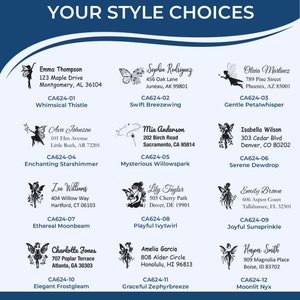 Image showcasing various custom name stampers, including a custom fairy stamp and whimsical address stamp designs. Each style offers unique, enchanting themes like Ethereal Moonlight and Joyful Sunsprinkle, perfect for adding a personal touch to you