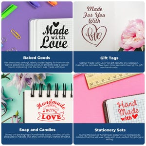 An infographic showing four uses of maker stamps: "Made with Love" on baked goods, "Made for You with Love" on gift tags, "Handmade with Love" on soap and candles, and "Hand Made with Love" on stationery sets. Each image demonstrates how maker stamp