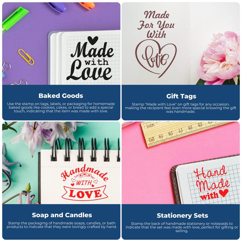 An infographic showing four uses of maker stamps: "Made with Love" on baked goods, "Made for You with Love" on gift tags, "Handmade with Love" on soap and candles, and "Hand Made with Love" on stationery sets. Each image demonstrates how maker stamp