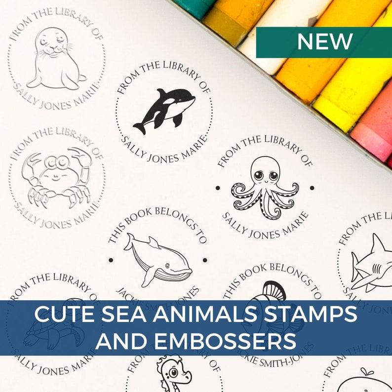 Cute sea animal book embosser featuring an octopus book stamp and other animal book stamps. Perfect for a personalized book ownership stamp collection. Ideal for marking your library with unique designs.