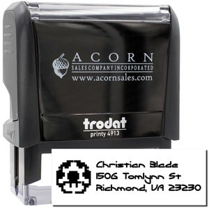 Customized address stamp featuring a video game stamp design, perfect for gamers. This address stamp for gamers showcases a unique pixelated icon, ideal for personalizing mail with a gaming touch.