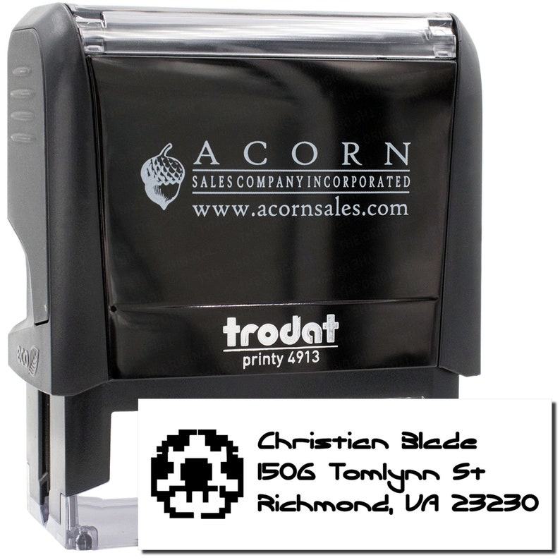 Customized address stamp featuring a video game stamp design, perfect for gamers. This address stamp for gamers showcases a unique pixelated icon, ideal for personalizing mail with a gaming touch.