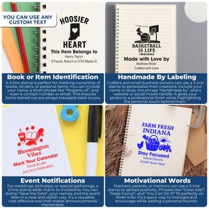 K&ouml;nnte beinhalten: Eine Sammlung von Notizb&uuml;chern und Stempeln mit verschiedenen Designs und Texten. Die Stempel enthalten S&auml;tze wie "Hoosier Heart", "Basketball is Life" und "Farm Fresh Indiana". Die Notizb&uuml;cher sind spiralgebunden und bieten individuelle Textoptionen.