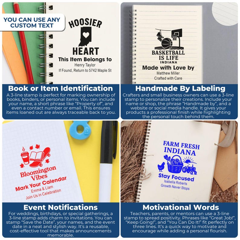 K&ouml;nnte beinhalten: Eine Sammlung von Notizb&uuml;chern und Stempeln mit verschiedenen Designs und Texten. Die Stempel enthalten S&auml;tze wie "Hoosier Heart", "Basketball is Life" und "Farm Fresh Indiana". Die Notizb&uuml;cher sind spiralgebunden und bieten individuelle Textoptionen.