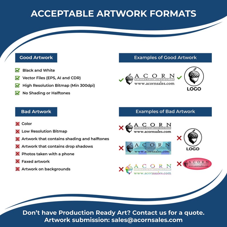 Acceptable artwork formats guide for custom made stamp and customized stamp production. Includes examples of good and bad artwork for sellos personalizados con logo. Ensure high-resolution vector files for best results. Contact sales@acornsales.com