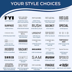Image showcasing various mailing label styles, including options for Media Mail and Certified Mail. Features diverse address labels and mailing labels, such as FYI, RUSH, and URGENT, designed for efficient and organized mail handling.