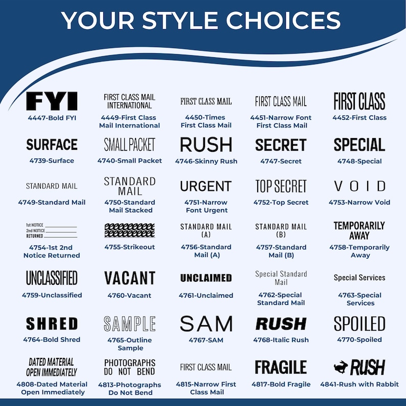 Image showcasing various mailing label styles, including options for Media Mail and Certified Mail. Features diverse address labels and mailing labels, such as FYI, RUSH, and URGENT, designed for efficient and organized mail handling.