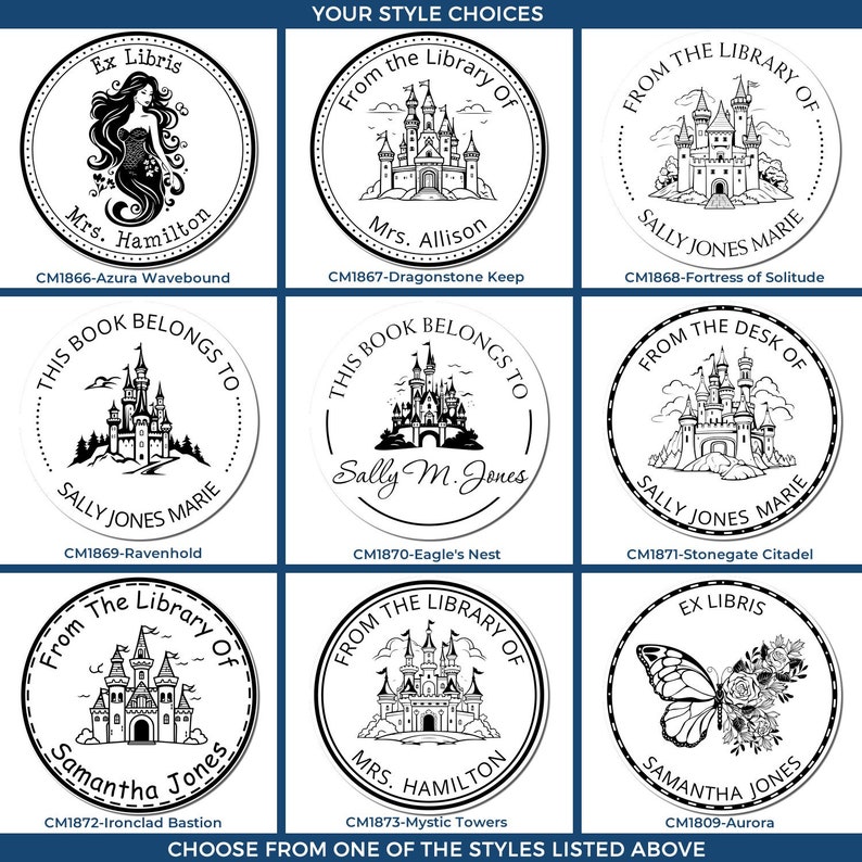 Nine elegant bookplate stamps featuring ocean bookplate designs with mermaid decor, perfect for personalized stationery. Choose from various styles to add a unique touch to your books and stationery collection.