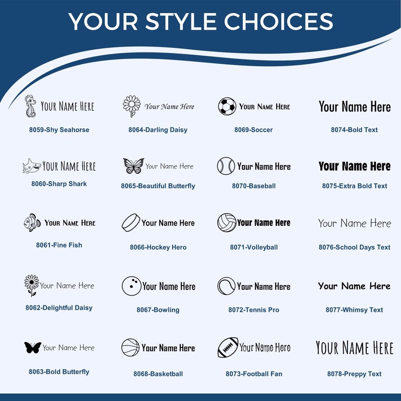 Image showcasing various design options for a self-inking stamp for kids, featuring waterproof fabric stamp and permanent clothing stamp styles, including sports and butterfly themes, ideal for personalizing children's clothing and accessories.