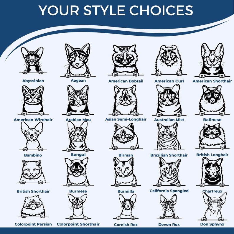 Illustrated cat designs for personalized stationery and office supplies. Perfect gift for her, featuring a variety of cat breeds. Customize with a personalized return stamp for a unique touch.