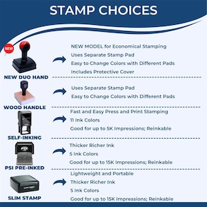 Puede incluir: Imagen que muestra diferentes opciones de sellos. Incluye un sello New Duo Hand, un sello Wood Handle, un sello Self-Inking, un sello PSI Pre-Inked y un sello Slim. Cada tipo de sello tiene una descripci&oacute;n de sus caracter&iacute;sticas.