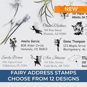 Fairy address stamp collection featuring magical stamp designs and fairy accessories. Choose from 12 enchanting styles, perfect for adding a whimsical touch to your correspondence. Ideal for personalizing letters and gifts.