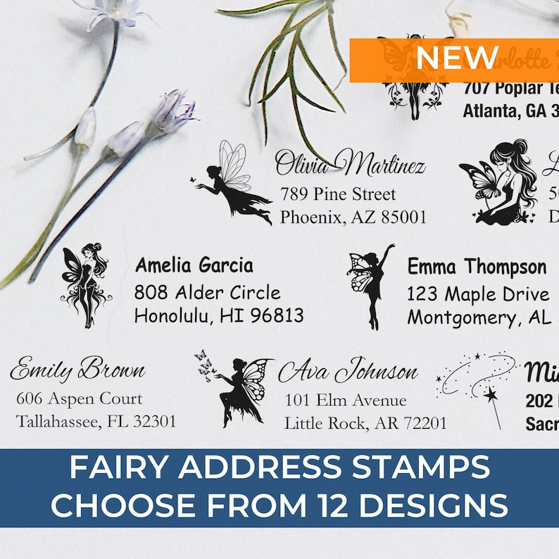 Fairy address stamp collection featuring magical stamp designs and fairy accessories. Choose from 12 enchanting styles, perfect for adding a whimsical touch to your correspondence. Ideal for personalizing letters and gifts.
