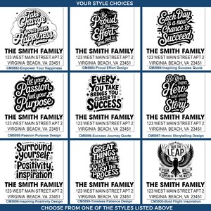Nine-panel “Your Style Choices” preview showing black-and-white custom return address labels for “The Smith Family, 123 West Main Street Apt 2, Virginia Beach, VA 23451,” each featuring a different inspirational quote design (happiness, proud effort, new chance to succeed, passion/purpose, steps to success, be your own hero/story, positivity/inspiration, don’t rush the process, and take the leap with wings), with “Choose from one of the styles listed above” at the bottom.