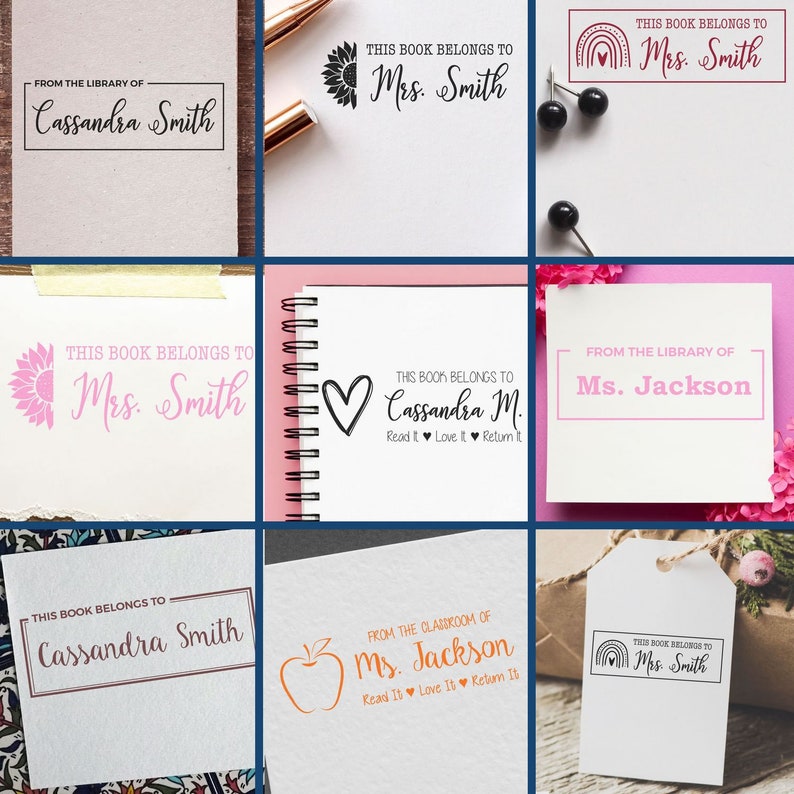 Personalized reading stamp featuring boho decor designs, perfect teacher gift or gift for book lovers. Customizable with names, ideal for adding a personal touch to any library collection.