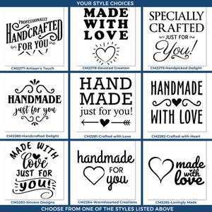 Image showing nine different handcrafted stamp designs. Each stamp features phrases like "Professionally Handcrafted for You," "Made with Love," "Handmade Just for You," and "Hand Made By." These marketing stamps emphasize the personal touch and car