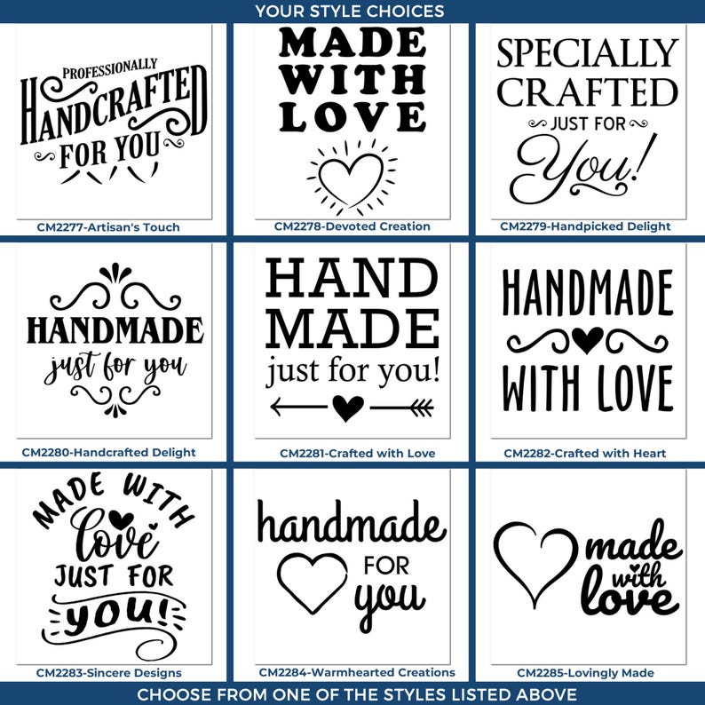 Image showing nine different handcrafted stamp designs. Each stamp features phrases like "Professionally Handcrafted for You," "Made with Love," "Handmade Just for You," and "Hand Made By." These marketing stamps emphasize the personal touch and car