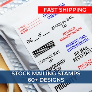 Packaging with stamps for packaging, featuring a postmaster's postage meter and delivery confirmation. The image highlights fast shipping and various stamp designs for efficient mailing and package handling.