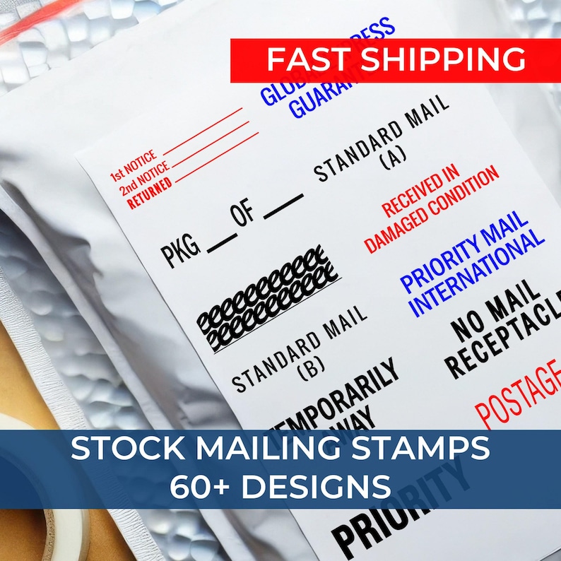 Packaging with stamps for packaging, featuring a postmaster's postage meter and delivery confirmation. The image highlights fast shipping and various stamp designs for efficient mailing and package handling.
