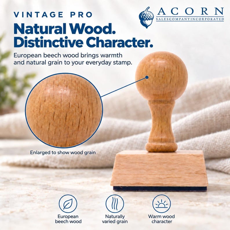 May include: A light brown wooden rubber stamp with a spherical handle and a rectangular base. Text on the image reads: VINTAGE PRO, Natural Wood. Distinctive Character., European beech wood brings warmth and natural grain to your everyday stamp.