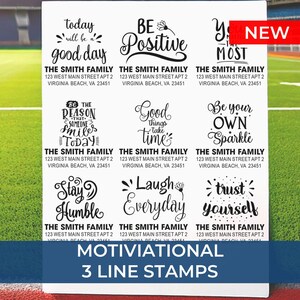 May include: A white rectangular product display featuring nine motivational 3-line stamps. Each stamp has a different positive message in black script, such as "Be Positive" and "Good things take time." The text "MOTIVATIONAL 3 LINE STAMPS" is at the bottom.