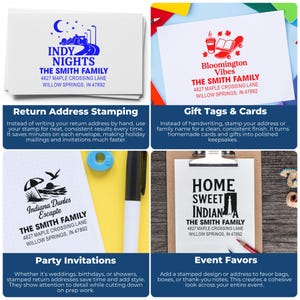 K&ouml;nnte beinhalten: Vier Beispiele f&uuml;r R&uuml;cksendeadressstempel und Event-Papeterie. Die obere linke Ecke zeigt ein blaues Design mit dem Text "INDY NIGHTS". Die obere rechte Ecke hat ein rotes Design mit dem Text "Bloomington Vibes". Die untere linke Ecke hat ein schwarzes Design mit dem Text "Indiana Dunles Escapte". Die untere rechte Ecke hat ein schwarzes Design mit dem Text "HOME SWEET INDIANA".