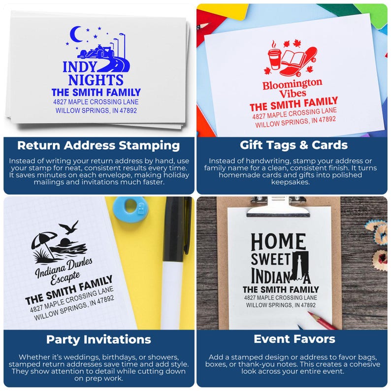 K&ouml;nnte beinhalten: Vier Beispiele f&uuml;r R&uuml;cksendeadressstempel und Event-Papeterie. Die obere linke Ecke zeigt ein blaues Design mit dem Text "INDY NIGHTS". Die obere rechte Ecke hat ein rotes Design mit dem Text "Bloomington Vibes". Die untere linke Ecke hat ein schwarzes Design mit dem Text "Indiana Dunles Escapte". Die untere rechte Ecke hat ein schwarzes Design mit dem Text "HOME SWEET INDIANA".