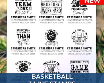 Basketball Stamp, 3 Line Custom Stamp, Personalized Name Address Return Stamp for Coaches Teachers Kids Sports