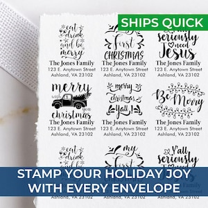 May include: A collection of black ink stamps with holiday-themed phrases and fonts. The stamps include phrases like "Merry Christmas," "First Christmas," and "Eat, Drink, and Be Merry." The stamps also include the address "123 E. Anytown Street, Ashland, VA 23102."