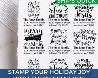 Holiday Script Address Artisan Made Stamp – Personalized Custom Self-Inking Return Address for Christmas Cards, Holiday Cards, Gift Tags