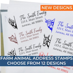 May include: A set of 12 different farm animal address stamps. Each stamp features a different animal, including a cow, donkey, goat, wolf, and rooster. The stamps are designed to be used on envelopes and packages to add a personal touch.