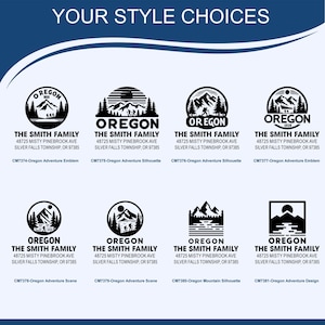 May include: A collection of black and white Oregon-themed emblem designs. Each design features the text "OREGON" and "THE SMITH FAMILY" with an address. The designs include mountain silhouettes, trees, and outdoor scenes.