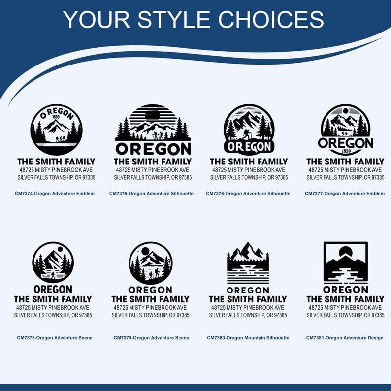 May include: A collection of black and white Oregon-themed emblem designs. Each design features the text "OREGON" and "THE SMITH FAMILY" with an address. The designs include mountain silhouettes, trees, and outdoor scenes.