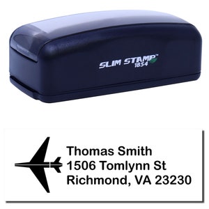 Personalized travel stamp featuring an airplane design, perfect as a gift for travelers. This sleek, customizable airplane stamp is ideal for adding a personal touch to your travel documents and stationery.