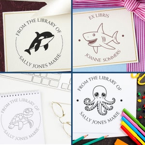 Seahorse book stamp and children's book embosser featuring underwater designs make a perfect gift for book lovers. This unique underwater book embosser adds a personal touch to any library collection.