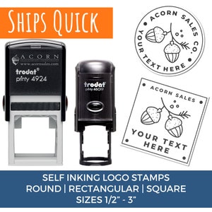 May include: Self-inking logo stamps in round, rectangular, and square shapes. The stamps feature a design of two acorns on a branch with the text "ACORN SALES CO." and "YOUR TEXT HERE". The stamps are available in sizes from 1/2 inch to 3 inches.