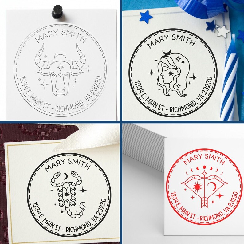 Astrology themed stamp designs featuring stars and moon stamps, perfect for a custom return address stamp. Includes an astrology address embosser with Virgo, Sagittarius, Taurus, and Scorpio symbols. Ideal for personalized stationery.