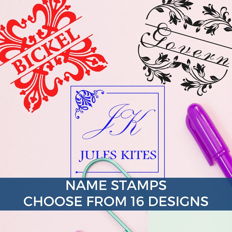 Custom rubber stamp designs for personalized stationery, perfect craft supplies and a unique gift for her. Choose from 16 styles to enhance your custom stationery collection. Ideal for adding a personal touch to letters and crafts.