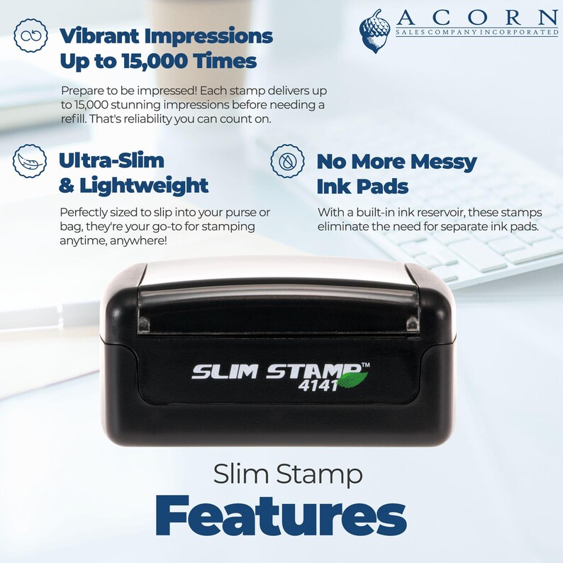 K&ouml;nnte beinhalten: Ein schwarzer Slim Stamp 4141 mit dem Text "Slim Stamp Features" und zus&auml;tzlichem Text, der seine Eigenschaften beschreibt: lebendige Eindr&uuml;cke, ultra-schlank und leicht, und keine unordentlichen Stempelkissen mehr.
