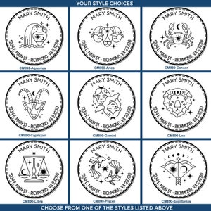 Customized address embosser and self-inking address stamp featuring moon phase stamp designs and zodiac symbols embosser options, including Aquarius, Aries, Cancer, Capricorn, Gemini, Leo, Libra, Pisces, and Sagittarius styles.