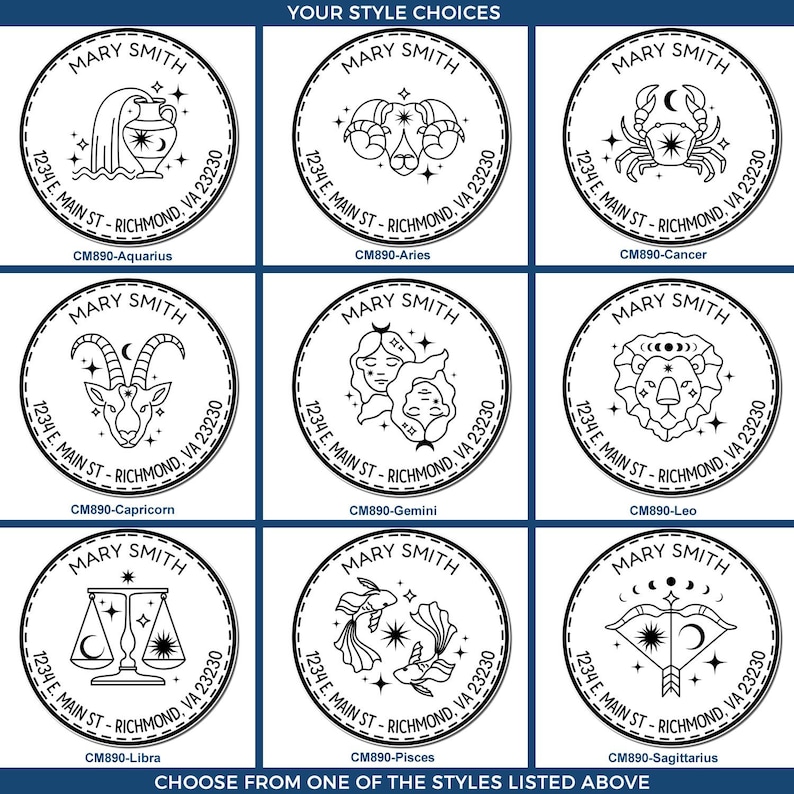Customized address embosser and self-inking address stamp featuring moon phase stamp designs and zodiac symbols embosser options, including Aquarius, Aries, Cancer, Capricorn, Gemini, Leo, Libra, Pisces, and Sagittarius styles.