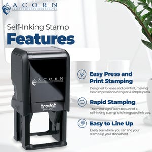 May include: A black self-inking stamp with the text "Features" and "ACORN SALES COMPANY INCORPORATED". The stamp has the text "trodat printy 4924" and features for easy press and print stamping, rapid stamping, and easy to line up.