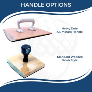 Image showcasing two custom stamps: a heavy-duty aluminum handle and a standard wooden knob style. Ideal for creating a custom rubber stamp for logos, these customized rubber stamps offer versatile handle options for personalized stamping needs.