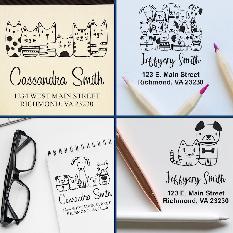 Custom address stamp featuring adorable cat and kitten designs. This self-inking pet stamp is perfect for personalizing mail with a unique touch. Ideal for cat lovers, the kittens address stamp adds charm to any correspondence.