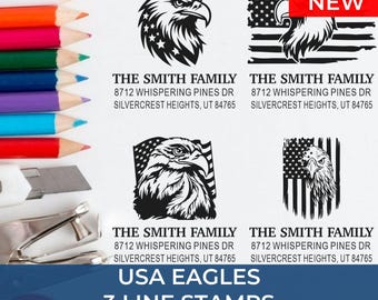 USA Patriotic Eagle Stamp, 3 Line Custom Rubber Stamp, Personalized Address Return Stamp, American Flag Eagle Self Inking Stamp