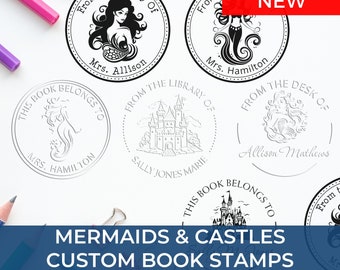 Custom Mermaid Stamps for Books, Personalized Mermaid Bookplate Embossers, Ocean Themed, Nautical, Custom Rubber Stamp, Personalized Gift