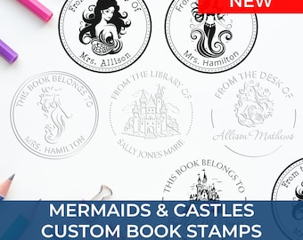 Custom Mermaid Stamps for Books, Personalized Mermaid Bookplate Embossers, Ocean Themed, Nautical, Custom Rubber Stamp, Personalized Gift